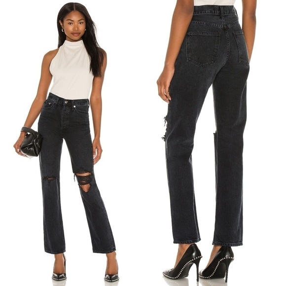 Agolde- Distressed Ripped Lana Straight Leg Jeans in Black Disorder Size 28 - Picture 2 of 10